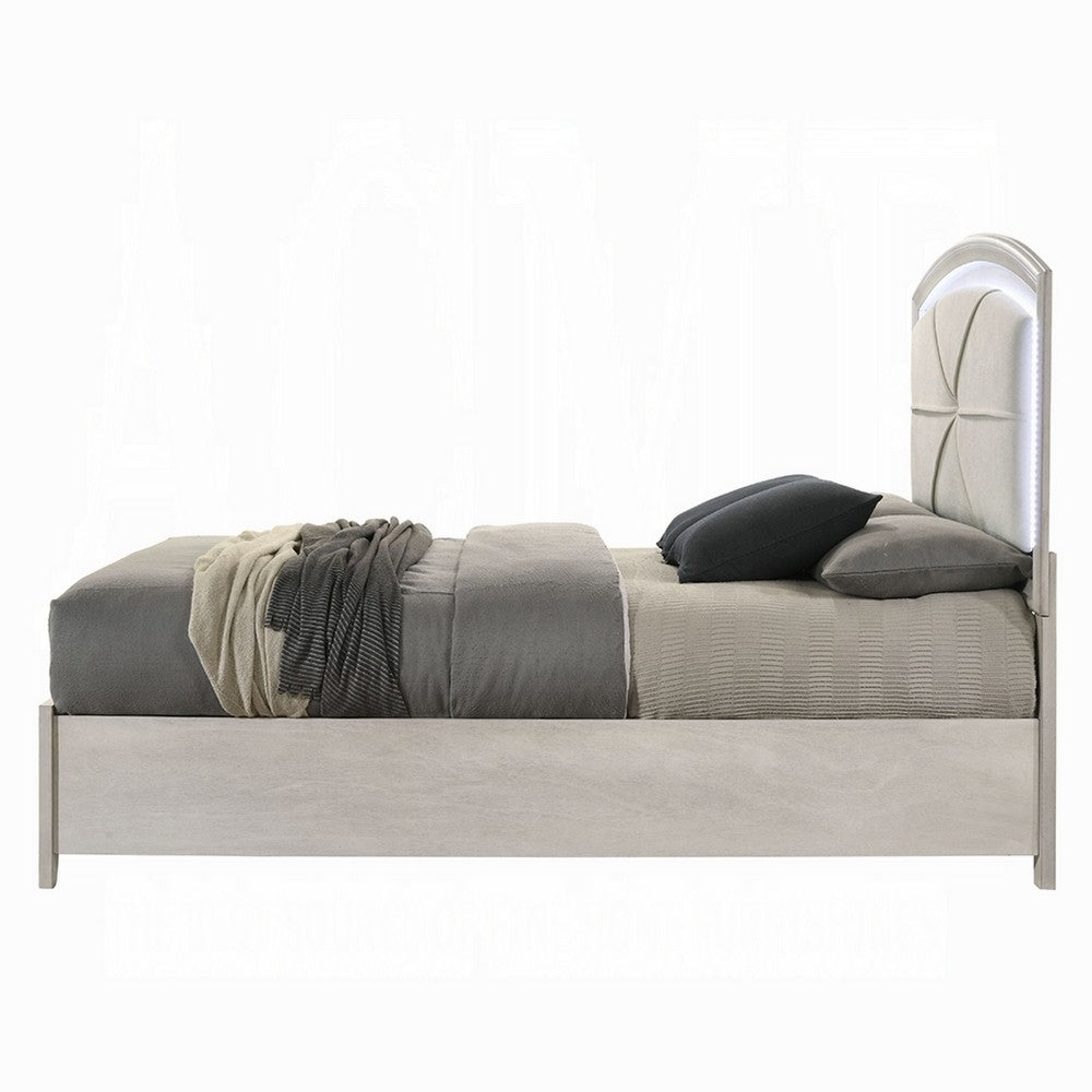 Remy Queen Size Bed with LED Headboard, 2 Bottom Drawers, Antique White - BM348307