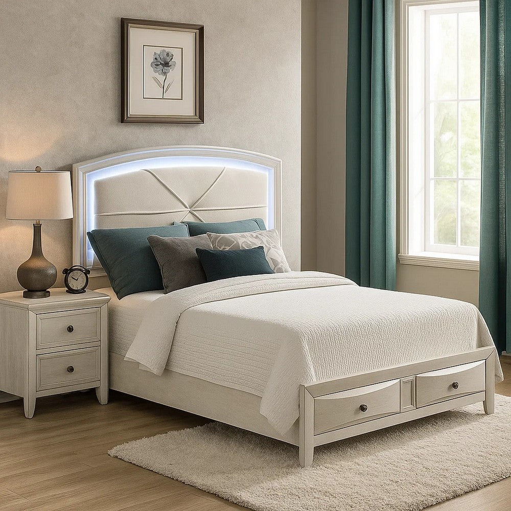 Remy Queen Size Bed with LED Headboard, 2 Bottom Drawers, Antique White - BM348307