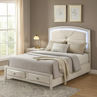 Remy Queen Size Bed with LED Headboard, 2 Bottom Drawers, Antique White - BM348307
