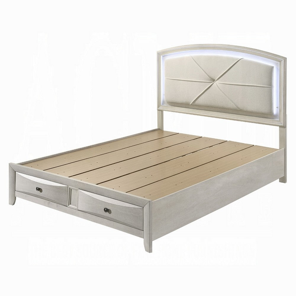 Remy Queen Size Bed with LED Headboard, 2 Bottom Drawers, Antique White - BM348307