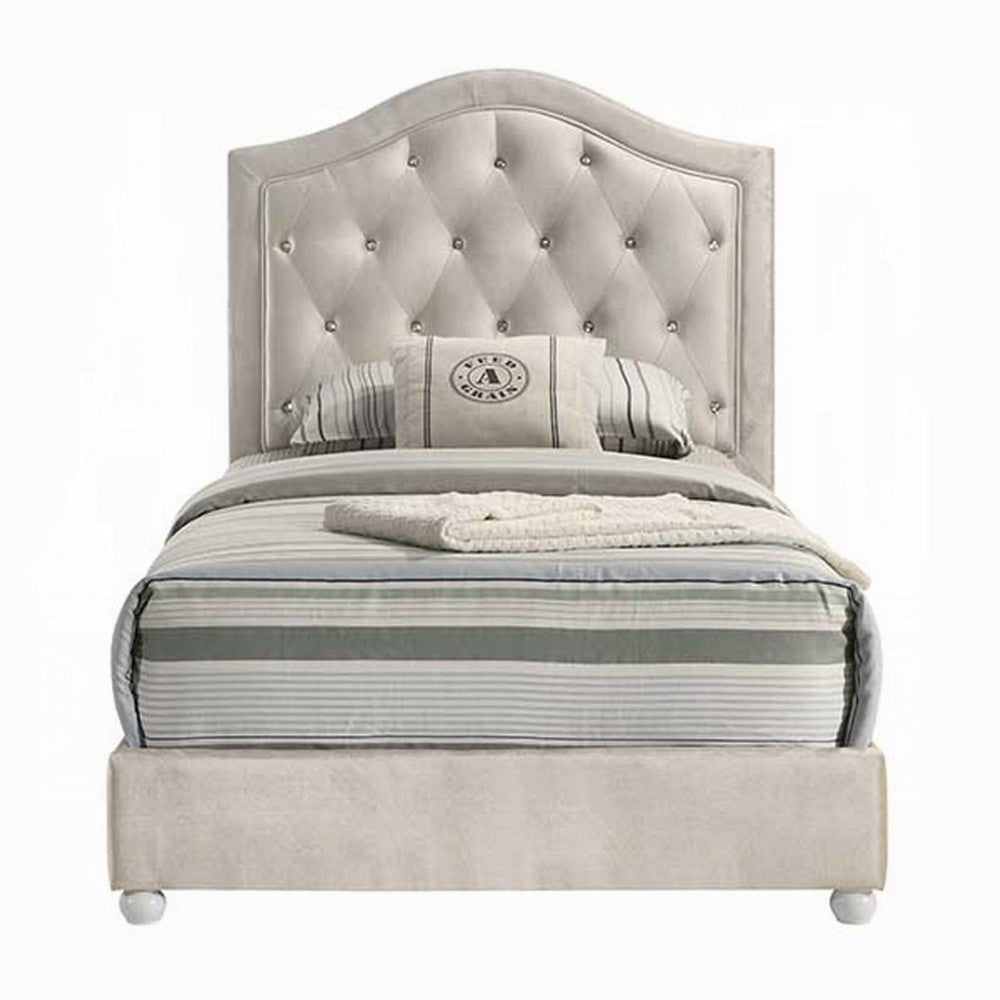 Rex Twin Size Bed with Storage and Beige Button Tufted Arched Headboard - BM348309