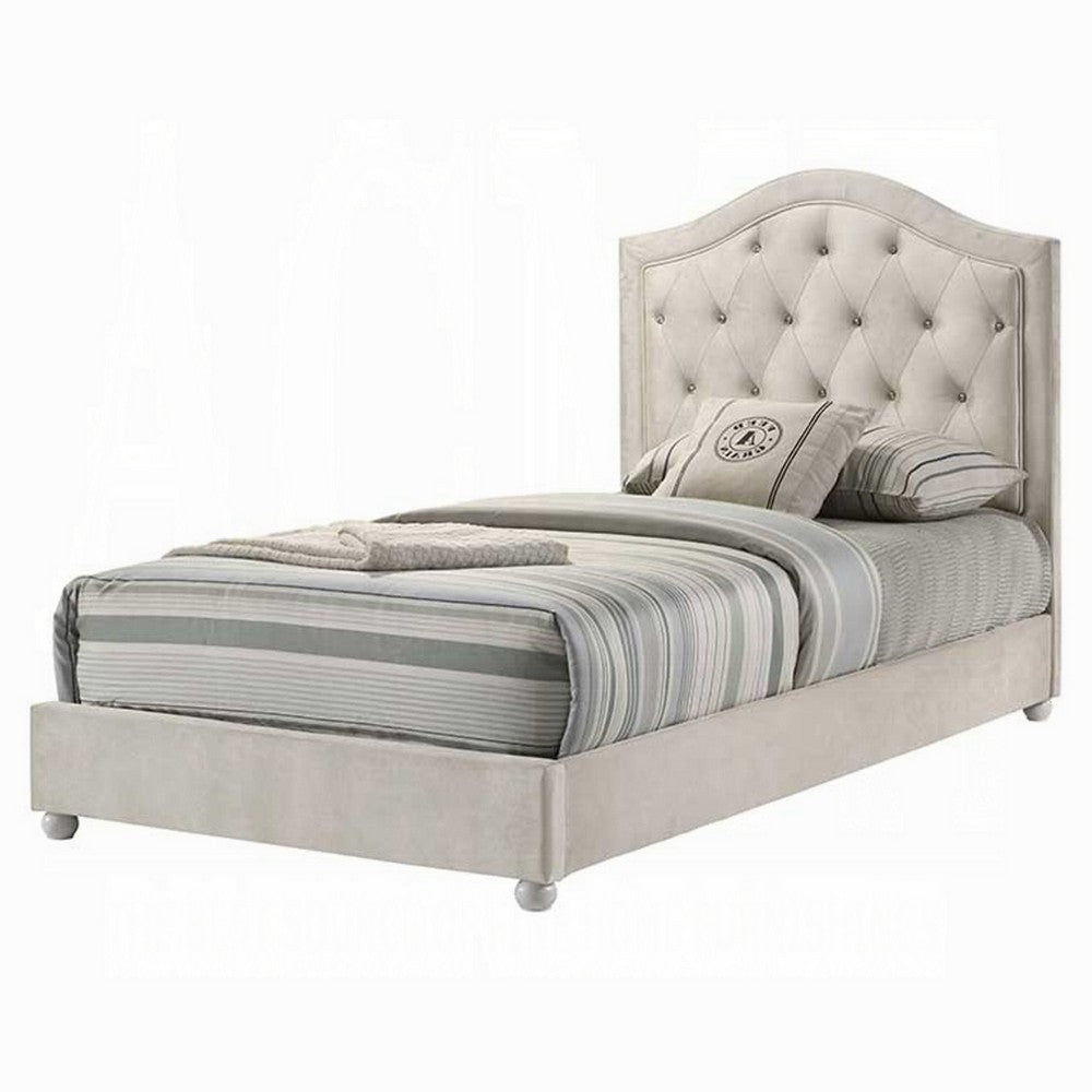 Rex Twin Size Bed with Storage and Beige Button Tufted Arched Headboard - BM348309