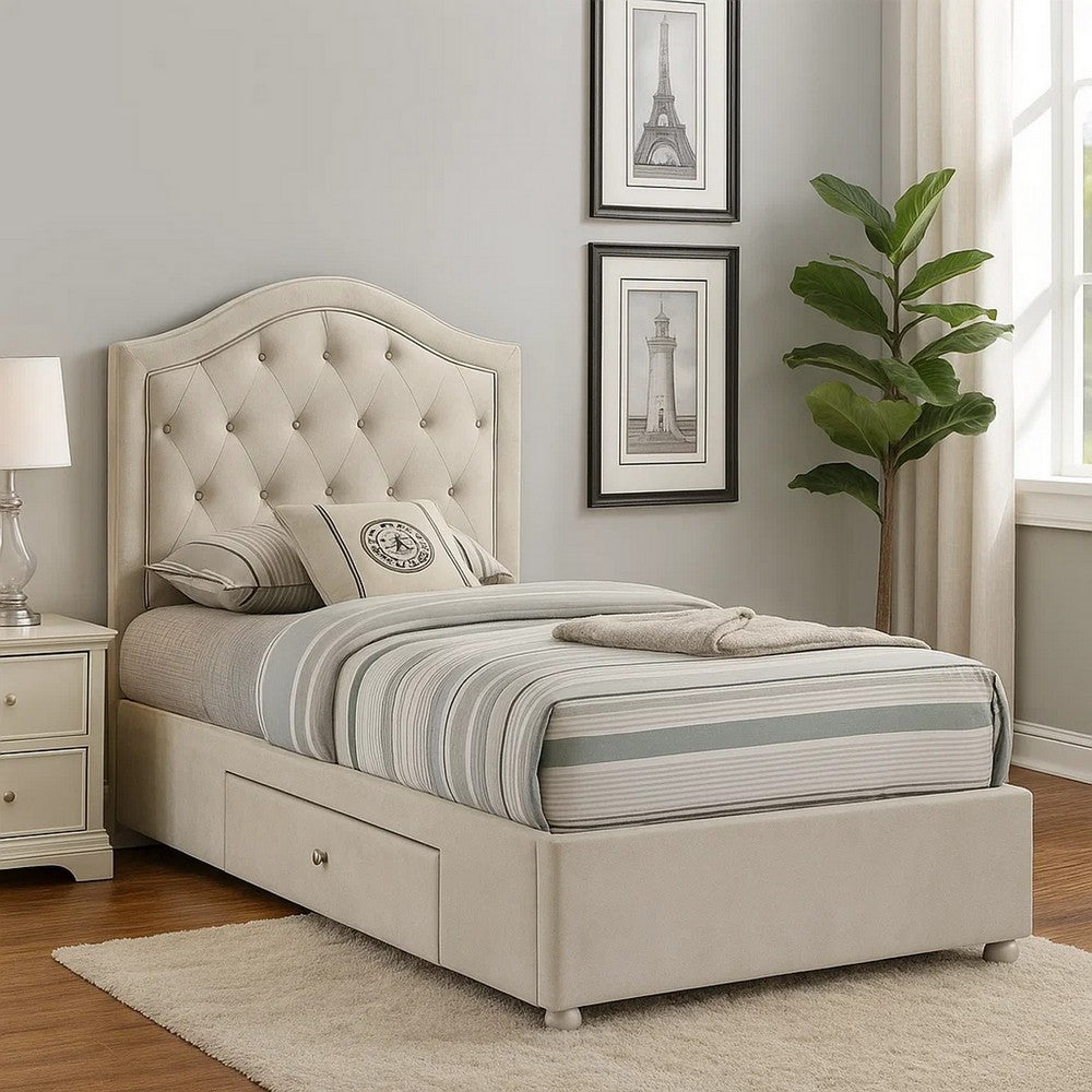 Rex Twin Size Bed with Storage and Beige Button Tufted Arched Headboard - BM348309