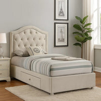 Rex Twin Size Bed with Storage and Beige Button Tufted Arched Headboard - BM348309