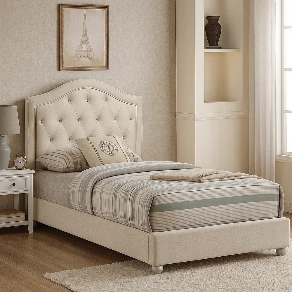 Rex Twin Size Bed with Storage and Beige Button Tufted Arched Headboard - BM348309