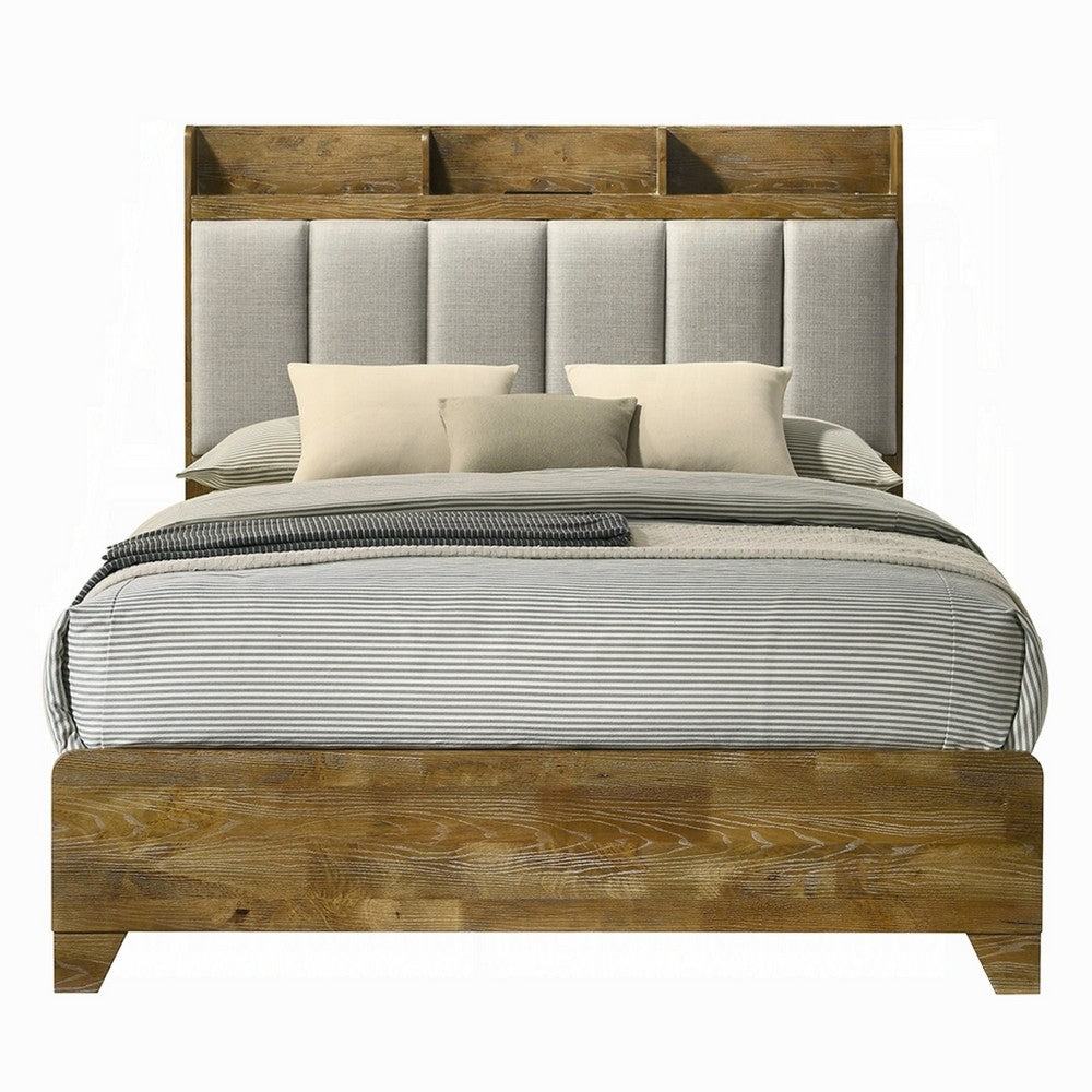 Gary Queen Size Bed with Tufted Headboard and USB Ports, Aspen Brown Wood - BM348311