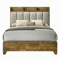 Gary Queen Size Bed with Tufted Headboard and USB Ports, Aspen Brown Wood - BM348311