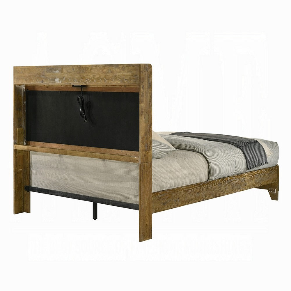 Gary Queen Size Bed with Tufted Headboard and USB Ports, Aspen Brown Wood - BM348311