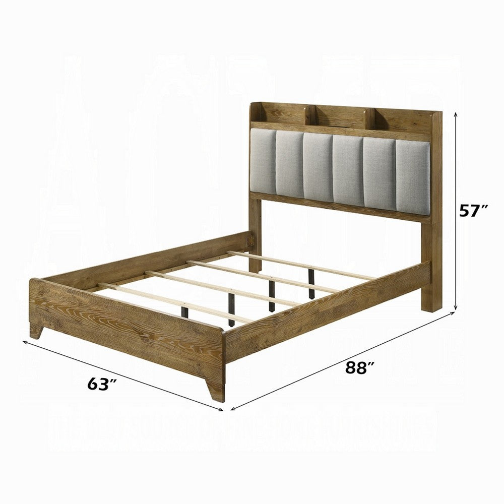 Gary Queen Size Bed with Tufted Headboard and USB Ports, Aspen Brown Wood - BM348311