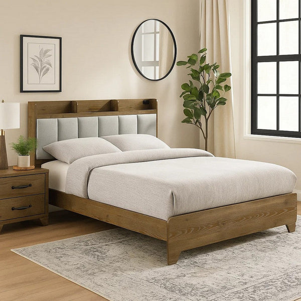 Gary Queen Size Bed with Tufted Headboard and USB Ports, Aspen Brown Wood - BM348311