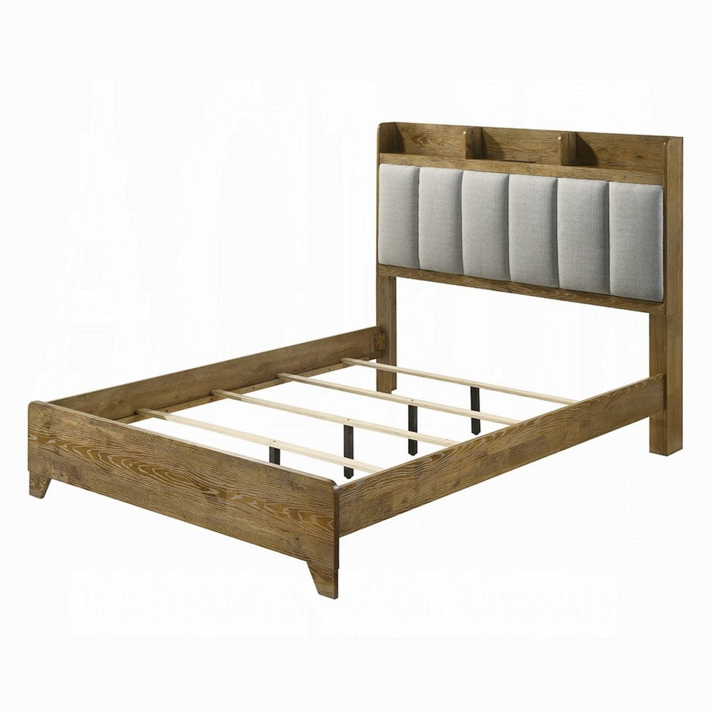 Gary Queen Size Bed with Tufted Headboard and USB Ports, Aspen Brown Wood - BM348311