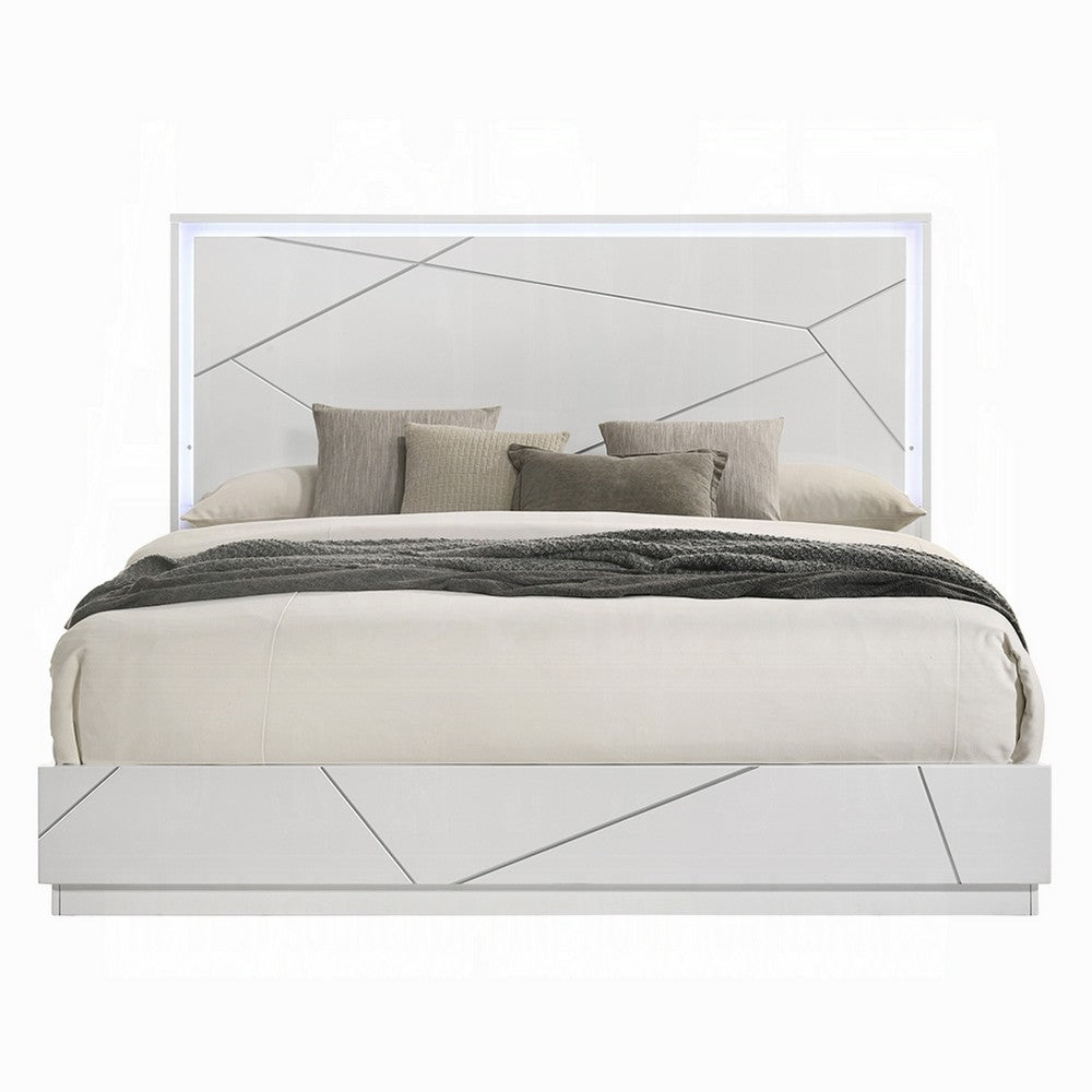 Esy Queen Size Storage Bed with LED Headboard, USB Ports, White and Silver - BM348313