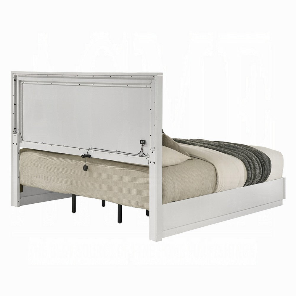 Esy Queen Size Storage Bed with LED Headboard, USB Ports, White and Silver - BM348313