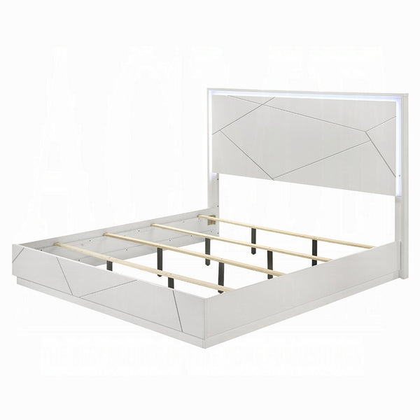 Esy Queen Size Storage Bed with LED Headboard, USB Ports, White and Silver - BM348313