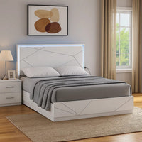 Esy Queen Size Storage Bed with LED Headboard, USB Ports, White and Silver - BM348313