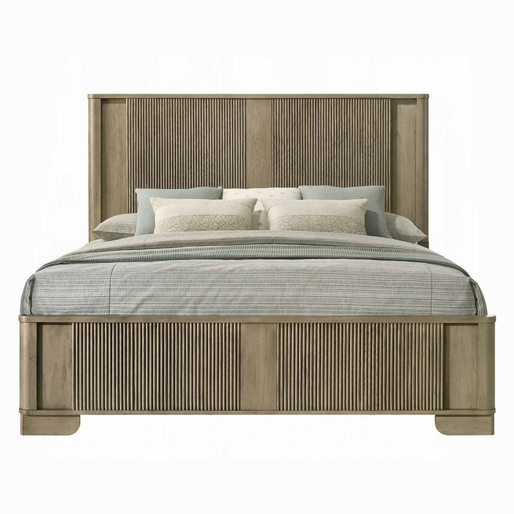 Leky Queen Bed, LED Headboard, Fluted Patterns, Antique Oak Brown Wood - BM348315