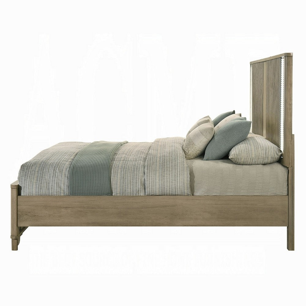 Leky Queen Bed, LED Headboard, Fluted Patterns, Antique Oak Brown Wood - BM348315