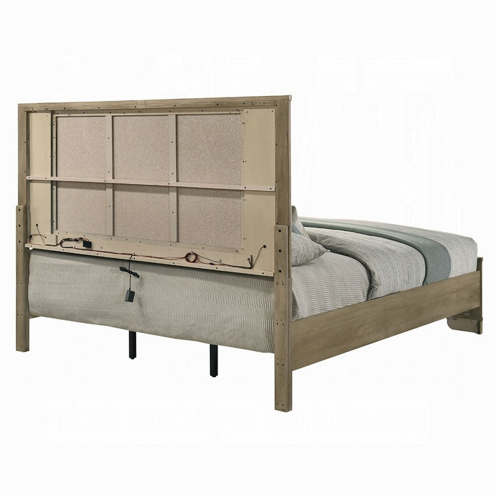 Leky Queen Bed, LED Headboard, Fluted Patterns, Antique Oak Brown Wood - BM348315