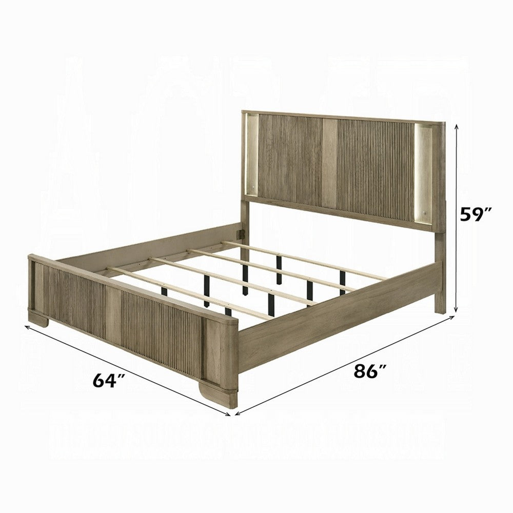 Leky Queen Bed, LED Headboard, Fluted Patterns, Antique Oak Brown Wood - BM348315