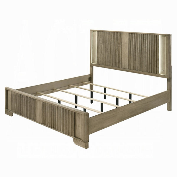 Leky Queen Bed, LED Headboard, Fluted Patterns, Antique Oak Brown Wood - BM348315