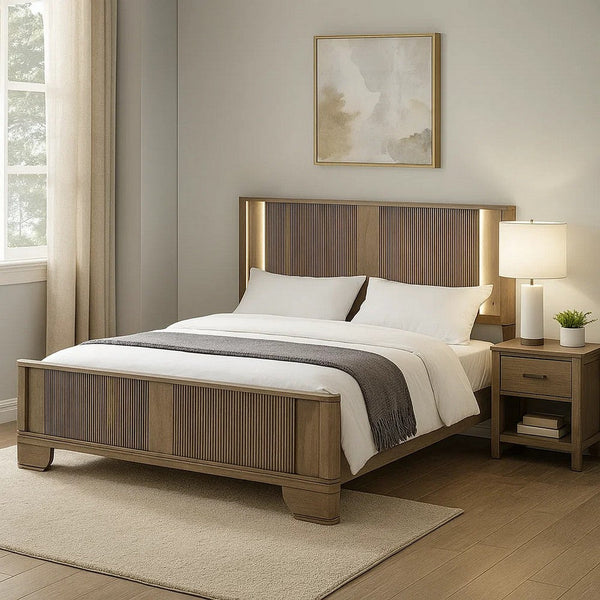 Leky Queen Bed, LED Headboard, Fluted Patterns, Antique Oak Brown Wood - BM348315