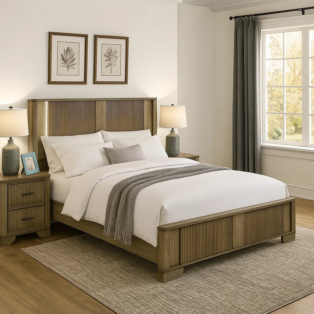 Leky Queen Bed, LED Headboard, Fluted Patterns, Antique Oak Brown Wood - BM348315