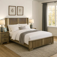 Leky Queen Bed, LED Headboard, Fluted Patterns, Antique Oak Brown Wood - BM348315