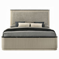 Trex Queen Bed, Gray Linen Upholstery, Marble Print Tops, Fluted Beige Wood - BM348317
