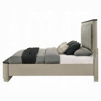 Trex Queen Bed, Gray Linen Upholstery, Marble Print Tops, Fluted Beige Wood - BM348317