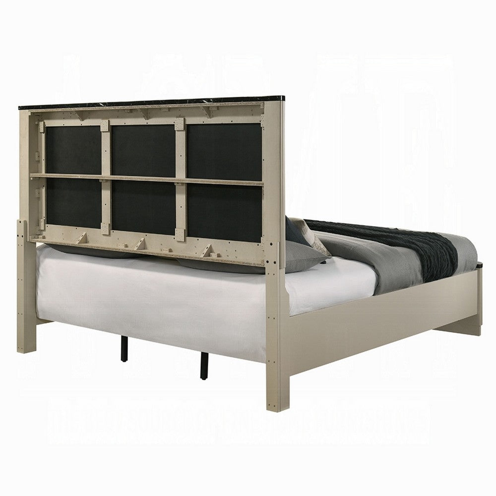 Trex Queen Bed, Gray Linen Upholstery, Marble Print Tops, Fluted Beige Wood - BM348317