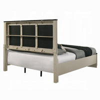 Trex Queen Bed, Gray Linen Upholstery, Marble Print Tops, Fluted Beige Wood - BM348317