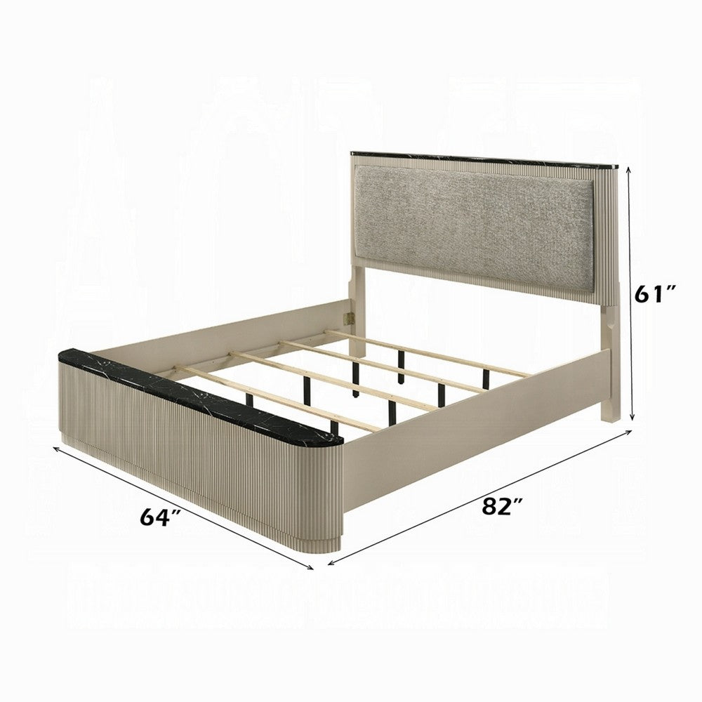 Trex Queen Bed, Gray Linen Upholstery, Marble Print Tops, Fluted Beige Wood - BM348317