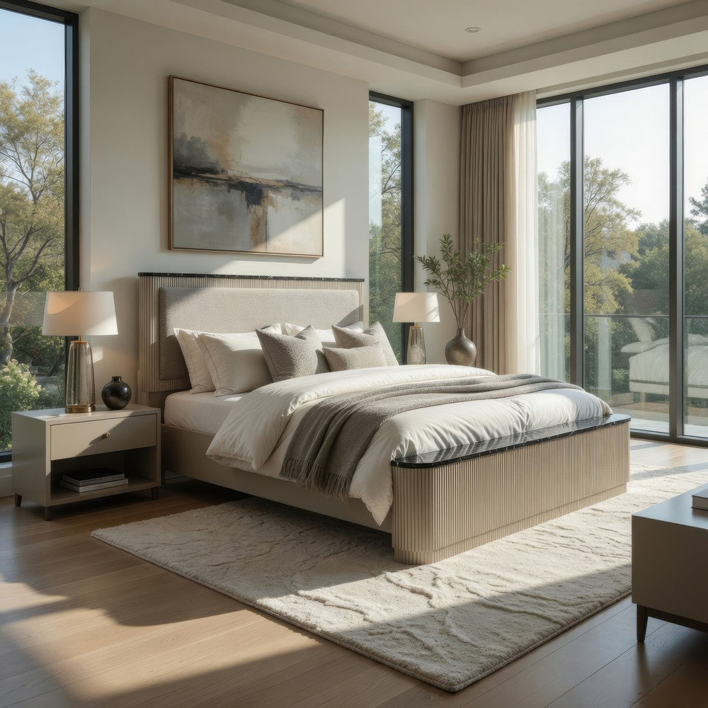 Trex Queen Bed, Gray Linen Upholstery, Marble Print Tops, Fluted Beige Wood - BM348317