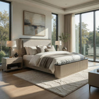 Trex Queen Bed, Gray Linen Upholstery, Marble Print Tops, Fluted Beige Wood - BM348317