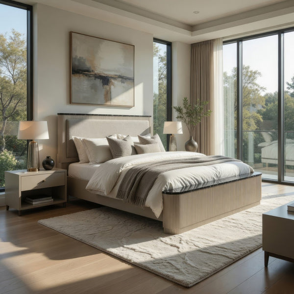 Trex Queen Bed, Gray Linen Upholstery, Marble Print Tops, Fluted Beige Wood - BM348317