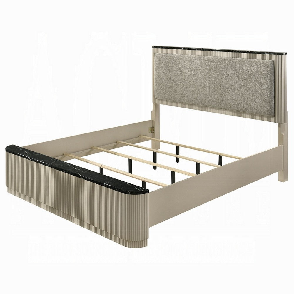 Trex Queen Bed, Gray Linen Upholstery, Marble Print Tops, Fluted Beige Wood - BM348317