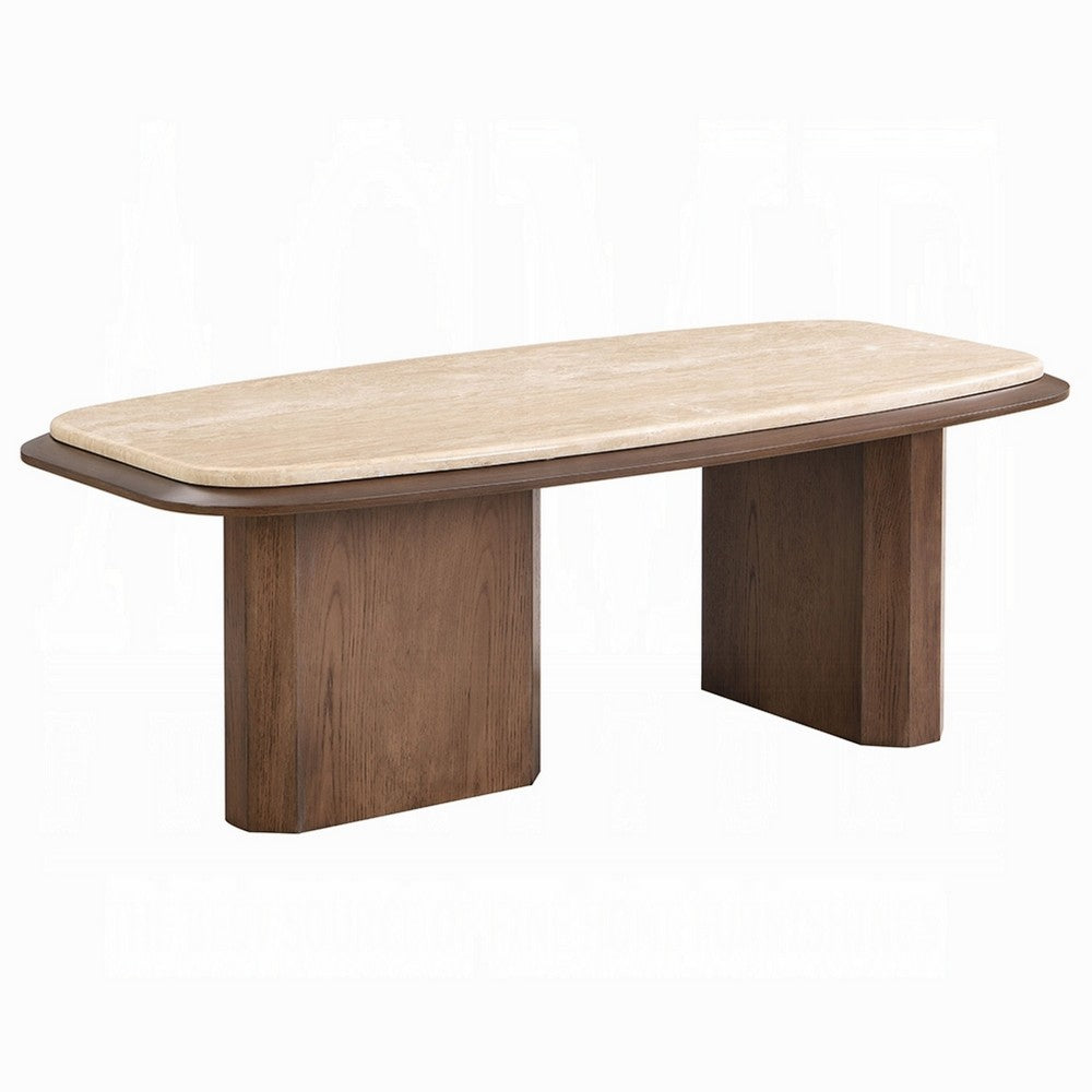 Pery Coffee Table, 51 Inch Beige Travertine Stone Top, Walnut Brown - BM348325
