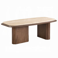 Pery Coffee Table, 51 Inch Beige Travertine Stone Top, Walnut Brown - BM348325