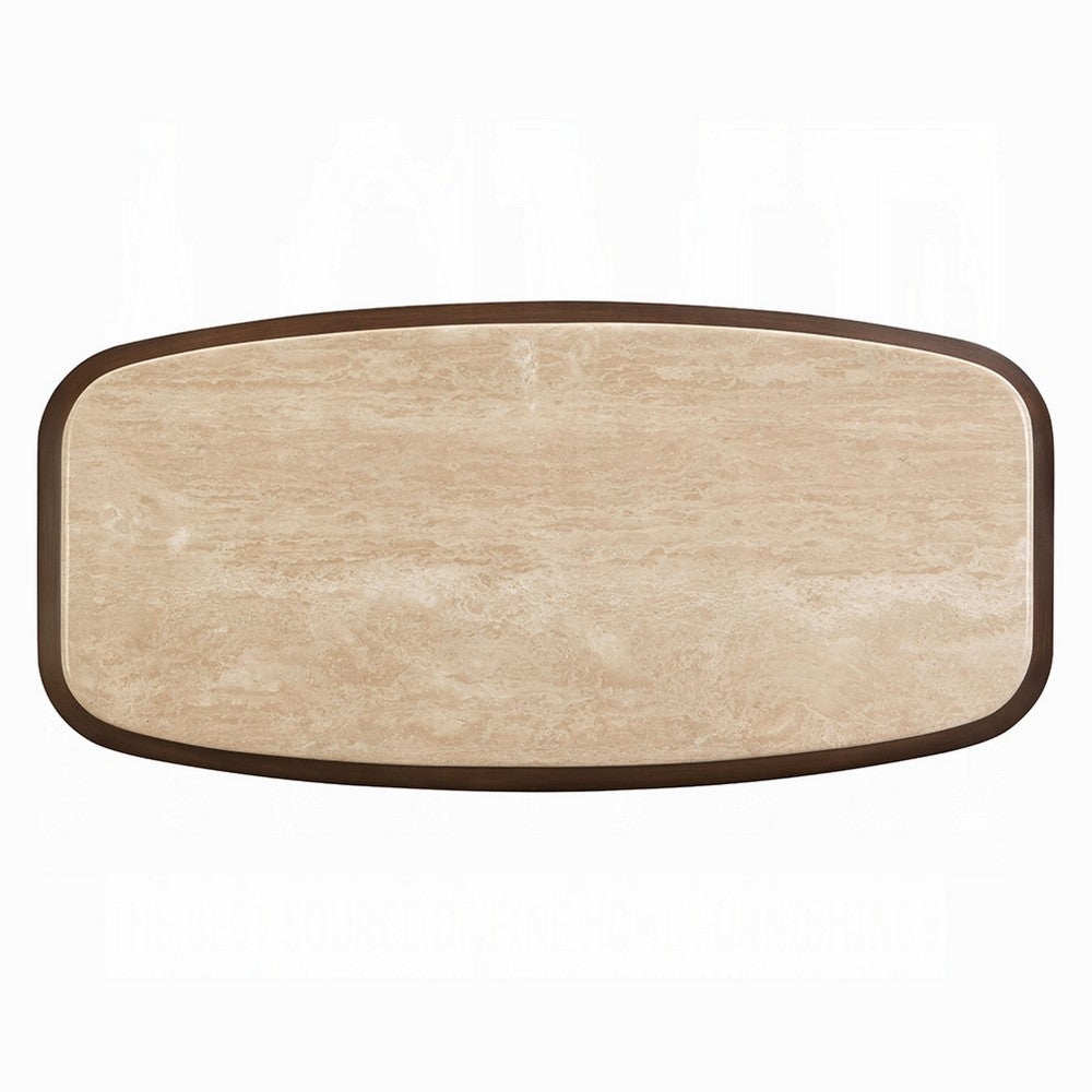 Pery Coffee Table, 51 Inch Beige Travertine Stone Top, Walnut Brown - BM348325