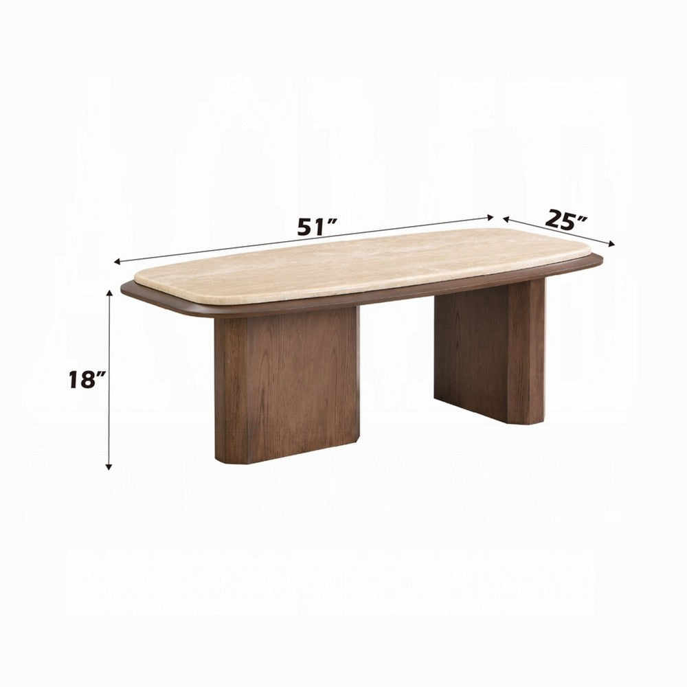 Pery Coffee Table, 51 Inch Beige Travertine Stone Top, Walnut Brown - BM348325
