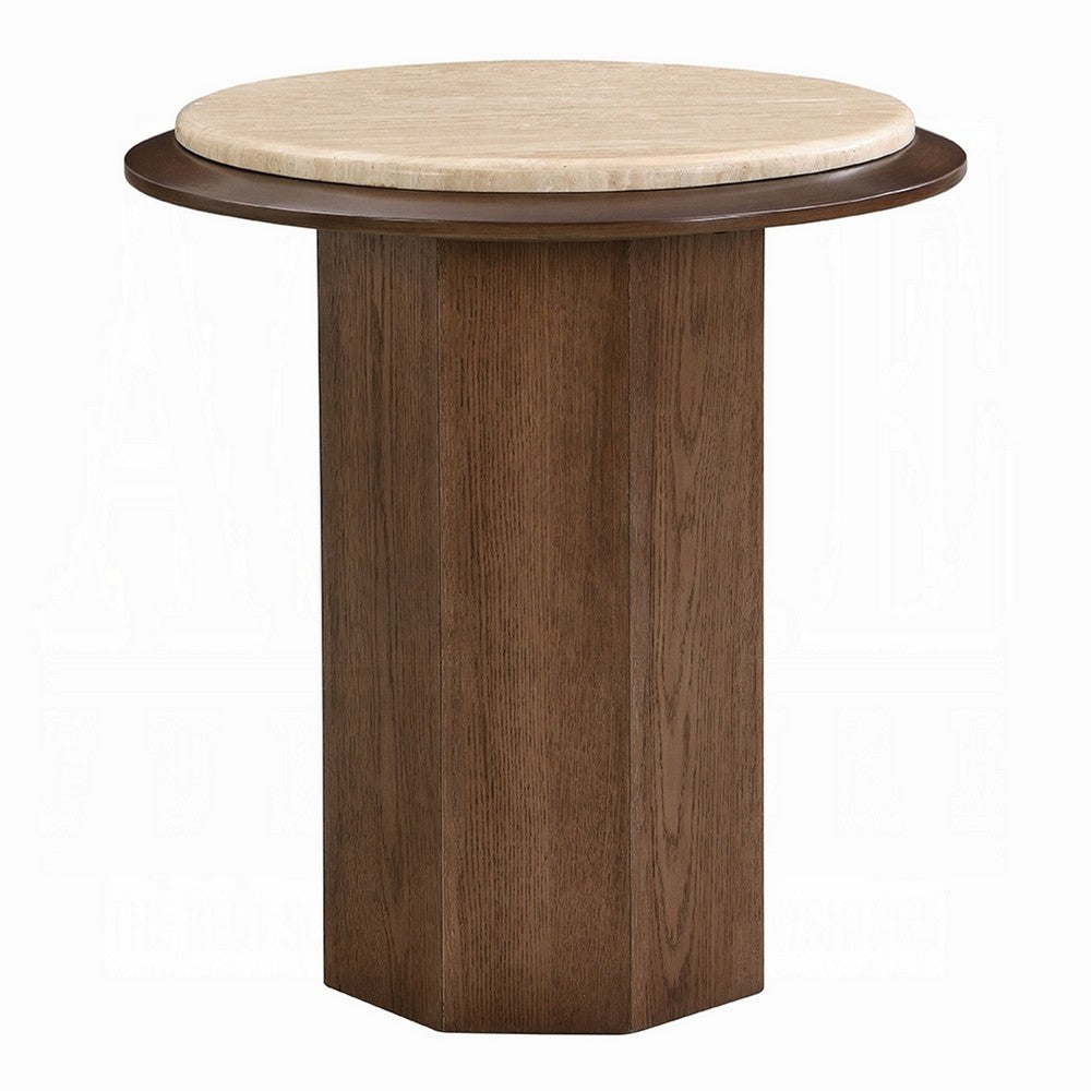 Pery Side End Table, 22 Inch Beige Travertine Stone Top, Walnut Brown - BM348326