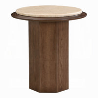 Pery Side End Table, 22 Inch Beige Travertine Stone Top, Walnut Brown - BM348326