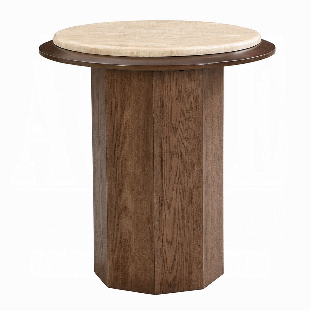 Pery Side End Table, 22 Inch Beige Travertine Stone Top, Walnut Brown - BM348326
