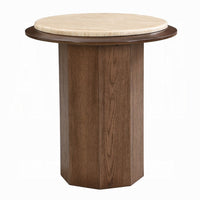 Pery Side End Table, 22 Inch Beige Travertine Stone Top, Walnut Brown - BM348326