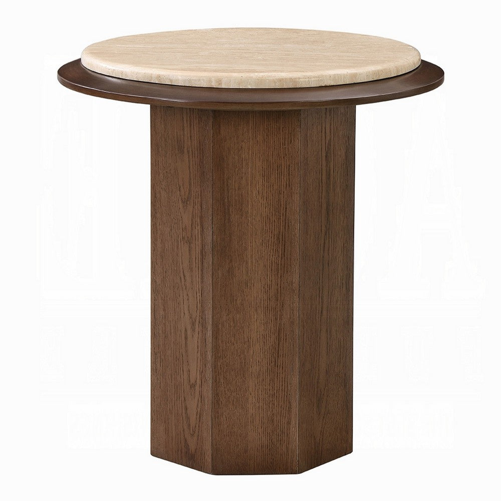Pery Side End Table, 22 Inch Beige Travertine Stone Top, Walnut Brown - BM348326