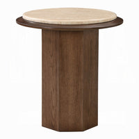 Pery Side End Table, 22 Inch Beige Travertine Stone Top, Walnut Brown - BM348326