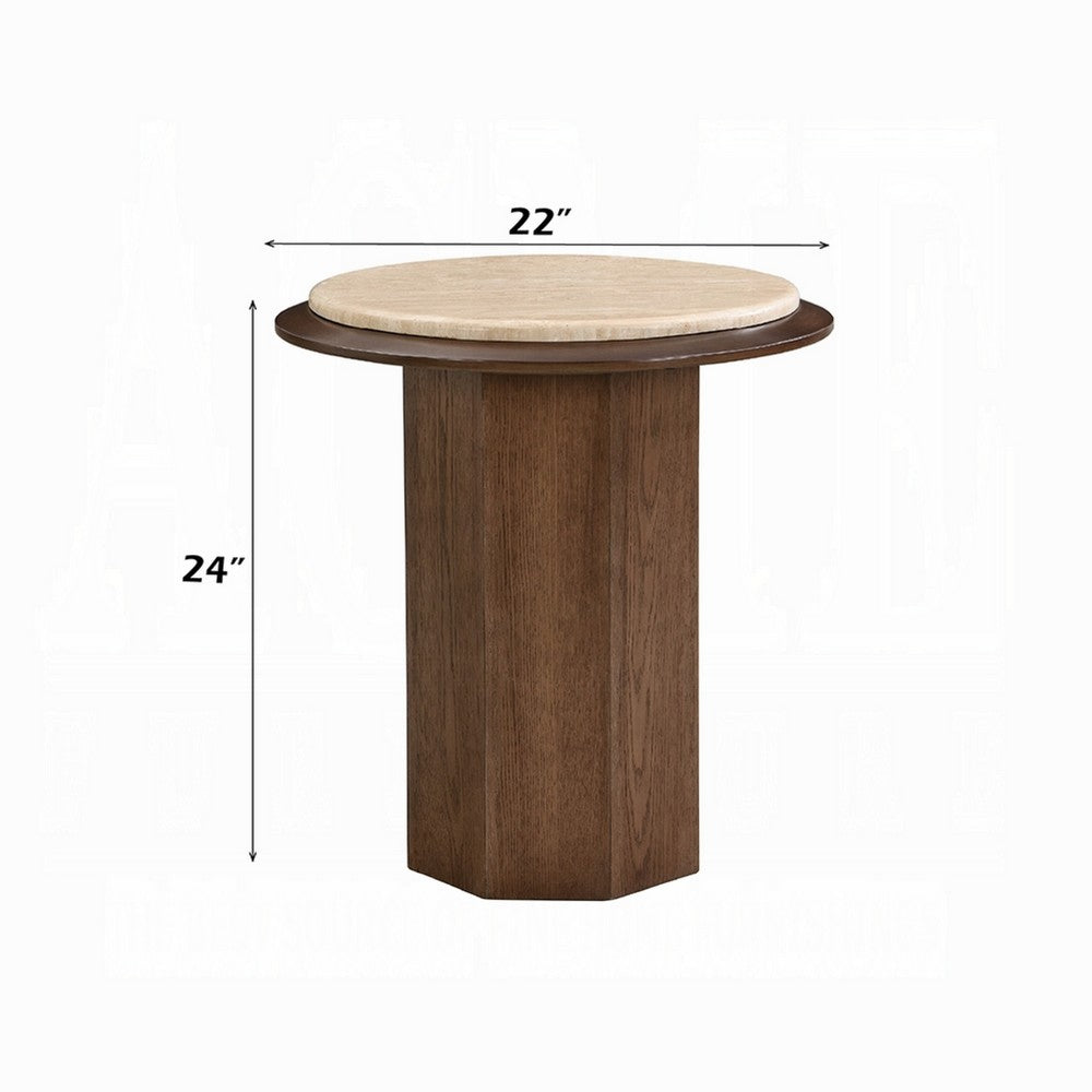 Pery Side End Table, 22 Inch Beige Travertine Stone Top, Walnut Brown - BM348326