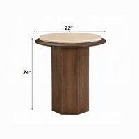 Pery Side End Table, 22 Inch Beige Travertine Stone Top, Walnut Brown - BM348326