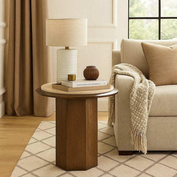 Pery Side End Table, 22 Inch Beige Travertine Stone Top, Walnut Brown - BM348326