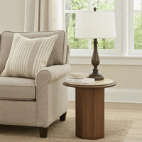 Pery Side End Table, 22 Inch Beige Travertine Stone Top, Walnut Brown - BM348326